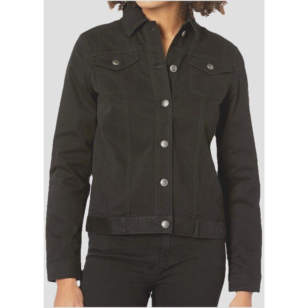 Black Denim Trucker Jacket Womens Large Fitted Button Up Grunge Goth Streetwear